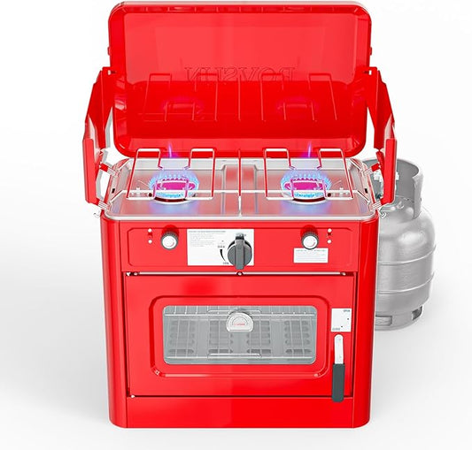 ROVSUN 2-in-1 Portable Camping Stove & Propane Oven with Piezo Igniter, 2 Burner Stove & Outdoor Oven with Adjustable Fire, Thermometer, Wind Panel & Regulator for Traveling, Tailgating (Red)