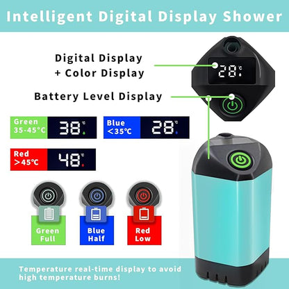 Portable Shower, Camping Shower Rechargeable Electric Shower Pump with USB-C & Smart Digital Display, Multifunctional Handheld Shower Head for Rinsing, Hiking, RVing, Beach Vacations (Blue)