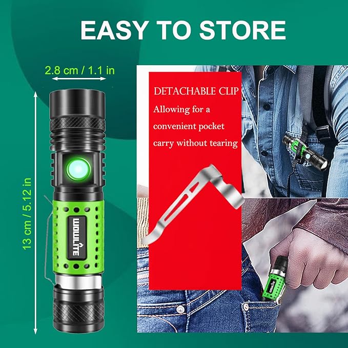 wowlite Flashlight Rechargeable, Super Bright LED Flashlights with Adjustable Brightness, Zoomable High Lumens Small Flash Light, Long Lasting for Outdoor Camping Home Emergency (Green)