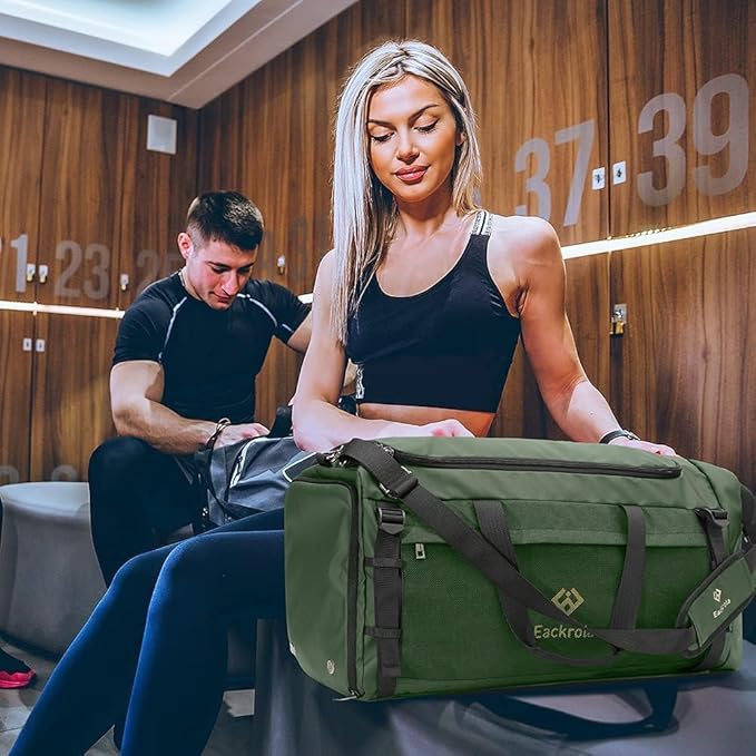Eackrola Extra Large Sports Gym Bag, Travel Duffel bag with Wet Pocket & Shoes Compartment for men women, 85L, Lightweight （Green）