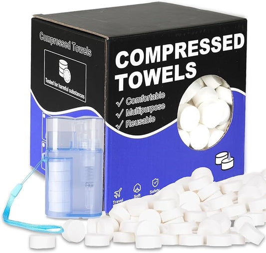 250 Disposable Thicker Style Magic Compressed Towels with Dispenser, Disposable Face Compressed Towel, Mini Compressed Towel, Camping Towel, Portable Compressed Coin Tissue for Travel/Home/Outdoor Act