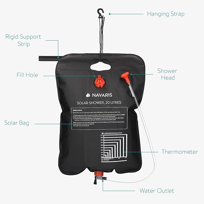 Navaris Solar Shower Bag 5 Gallons - 2X Solar Heating Camping Shower Bag with Shower Head, Hose, Tap Head - for Ideal Traveling, Hiking, Backpacking