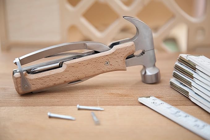 Kikkerland 10 in 1 Pocket Compact EDC Gear Equipment Stainless Steel Multi-Tool, White, Wood Handle, for Outdoors, Camping Tool Accessories Survival