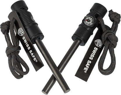 Swiss Safe 5-in-1 Fire Starter with Compass, Paracord and Whistle (2-Pack) for Emergency Survival Kits, Camping, Hiking, All-Weather Magnesium Ferro Rod
