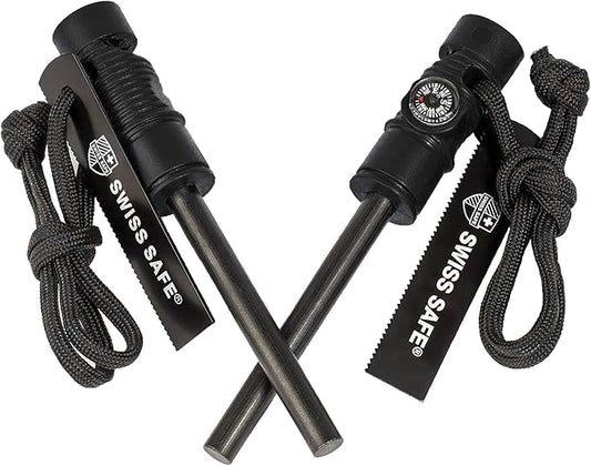 Swiss Safe 5-in-1 Fire Starter with Compass, Paracord and Whistle (2-Pack) for Emergency Survival Kits, Camping, Hiking, All-Weather Magnesium Ferro Rod