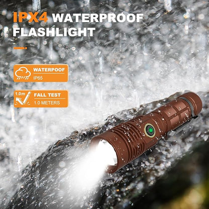 Small Tactical Flashlights 20000 High Lumens - 1500 Meters Long Beam Super Bright LED Magnetic Flashlight USB Rechargeable Zoomable 5Modes Long Beam Spotlight Flashlight for Hiking, Camping-Brown