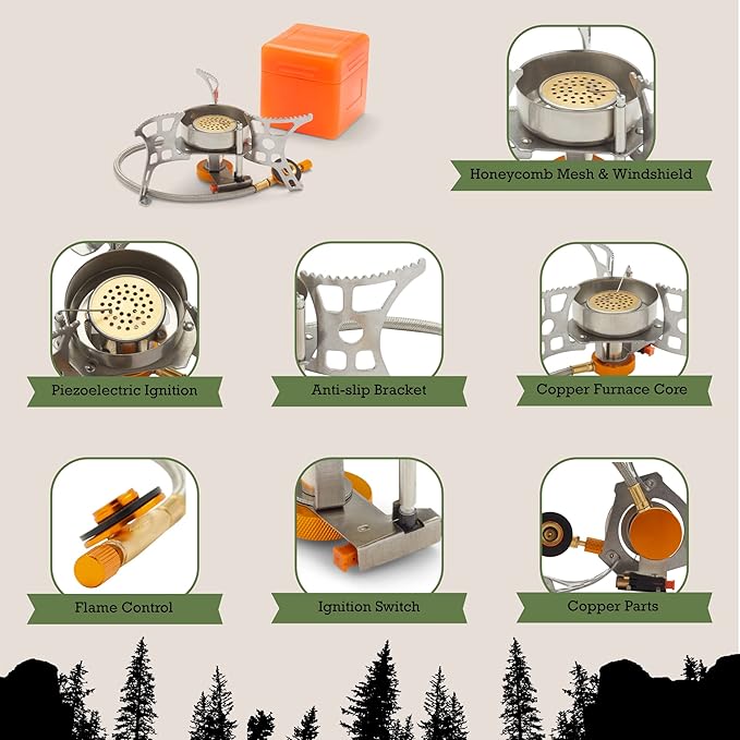 Backpacking Stove with Built-in Ignition System, Compatible with 3 Types of Camping Stove Fuel