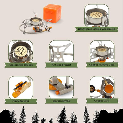 Backpacking Stove with Built-in Ignition System, Compatible with 3 Types of Camping Stove Fuel