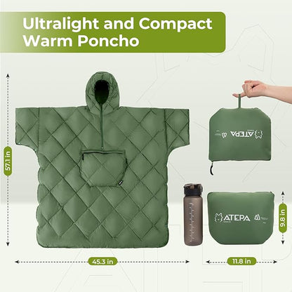 ATEPA Blanket Poncho Hooded Ultralight Water-Resisitant Warm Wearable Blanket Sleeping Bag Coat Cloak Camping Blanket