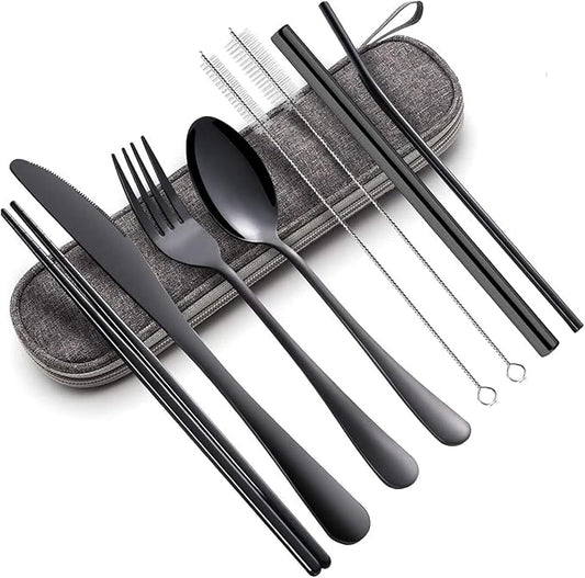 Portable Utensils Set,Reusable Travel Cutlery Set with Case Stainless Steel Flatware Set for Camping 8pcs Including Dinner Knife Fork Spoon Chopsticks Boba Straw (Black)