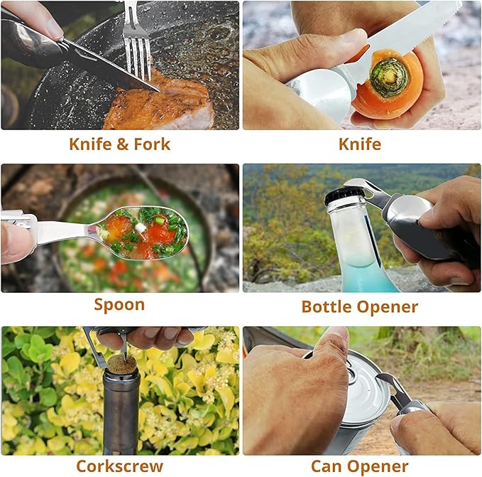 HONZIN Camping Utensil Set 5-in-1 Multi Functional Folding Flatware Set, Pocket Utensil Set Portable Detachable Stainless Steel Knife Spoon Fork Bottle Opener, Can Opener Combo Set with Carrying Bag