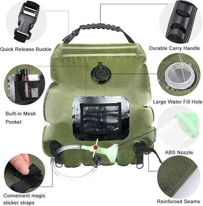Solar Portable Shower Bag, 5 Gal/20L Compact Outdoor Heating Camping Shower Bag with On-Off Switchable Shower Head&Removable Hose Suitable for Camping, Hiking, Travel, Beach Swimming