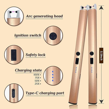 2 PCS Candle Lighter,Windproof Flameless Electric Lighter with LED Power Display ＆ Safety Switch, Upgraded Plasma USB Rechargeable Lighter for Birthday Camping BBQ (Champagne Gold)