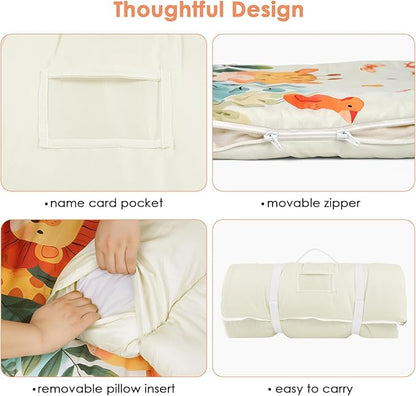 Kids Sleeping Bag Toddler Nap Mat with Removable Pillow, Large Foldable Sleeping Bag for Girls Boys, Easy Clean Slumber Bag with Double Zip for Camping School Preschool Daycare, 59×24 inch