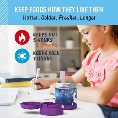 THERMOS FUNTAINER Insulated Food Jar, 10 Ounce, Kid Friendly Food Jar with Foldable Spoon, Space Unicorn