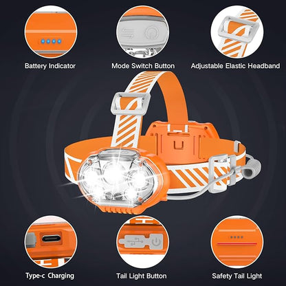 Rechargeable Headlamp, 20000 High Lumen 5 LED Head Lamp with Red White Light, IPX4 Waterproof Headlight,8 Mode Head Flashlight for Outdoor Running Hunting Fishing Hiking Camping Gear-Orange