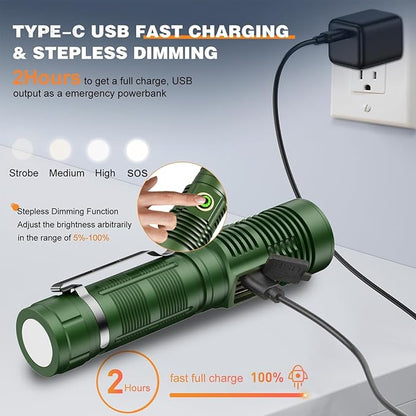 Small Tactical Flashlights 20000 High Lumens - 1500 Meters Long Beam Super Bright LED Magnetic Flashlight USB Rechargeable Zoomable 5Modes Long Beam Spotlight Flashlight for Hiking, Camping-Green