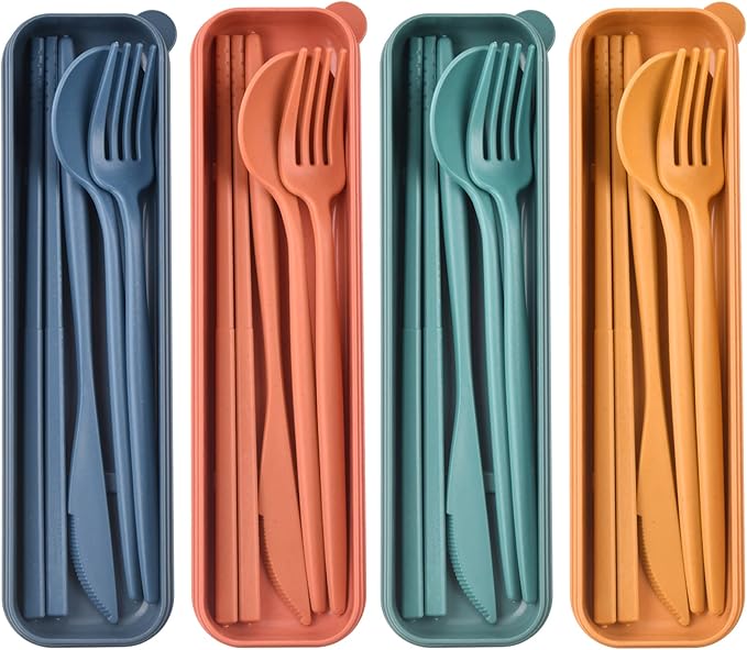 Travel Utensils with Case, Reusable Utensils Set with Case, Lunch Box Utensils Set Portable Utensils Set for Lunch Box School Picnic Travel Camping or Daily Use (4 Colors)
