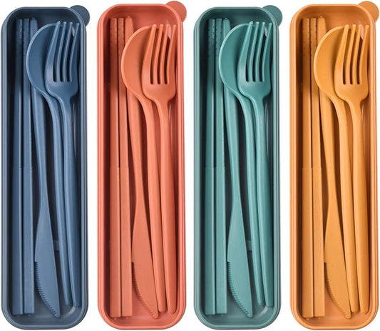Travel Utensils with Case, Reusable Utensils Set with Case, Lunch Box Utensils Set Portable Utensils Set for Lunch Box School Picnic Travel Camping or Daily Use (4 Colors)