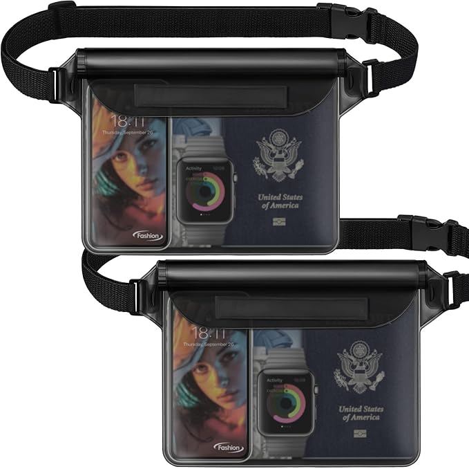 Hatisan Waterproof Pouch with Waist Strap, Waterproof Fanny Pack Keep Phone Valuables Safe and Dry Beach Accessories for Vacation Boating Swimming Snorkeling Kayaking Pool(2 Pack,Black)