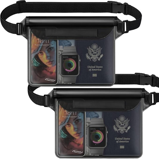 Hatisan Waterproof Pouch with Waist Strap, Waterproof Fanny Pack Keep Phone Valuables Safe and Dry Beach Accessories for Vacation Boating Swimming Snorkeling Kayaking Pool(2 Pack,Black)