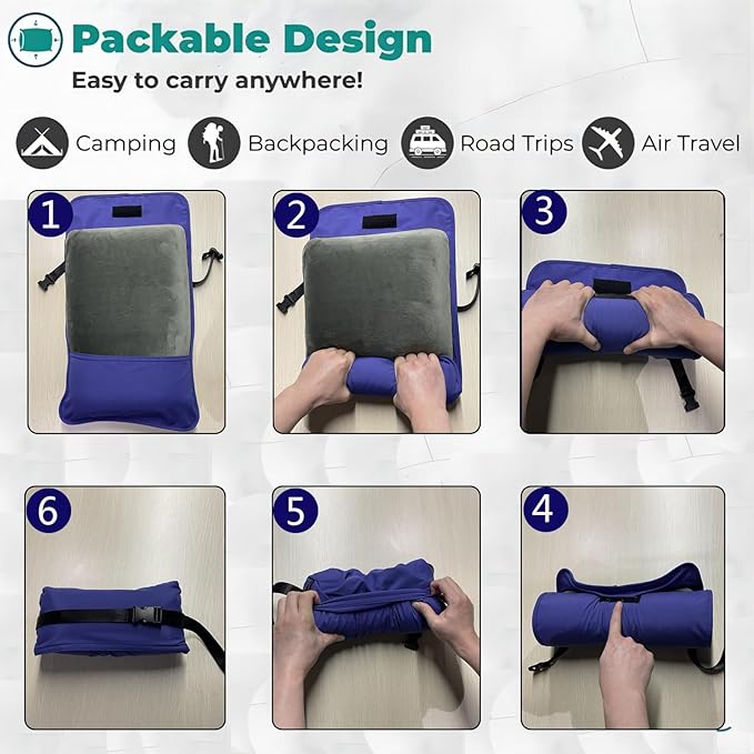 Memory Foam Camping Pillow -Compact Firm Supportive Compressible Travel Pillow, Contoured Support, Breathable Cover, Lightweight Easy-to-Carry for Backpacking, Airplane,Car