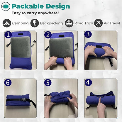 Memory Foam Camping Pillow -Compact Firm Supportive Compressible Travel Pillow, Contoured Support, Breathable Cover, Lightweight Easy-to-Carry for Backpacking, Airplane,Car
