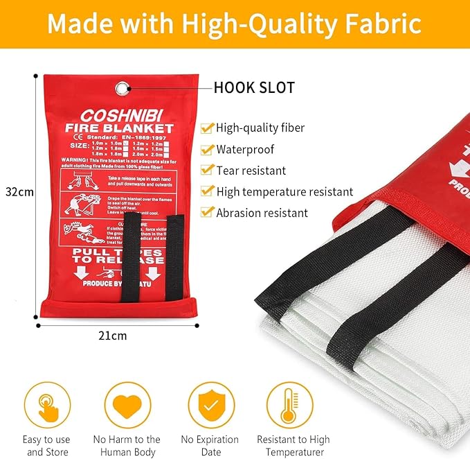 COSHNIBI Fire Blanket Emergency Fire Blanket for Home & Kitchen High Heat Resistant Fire Suppression Blankets Fiberglass Fire Blanket （1 pack）