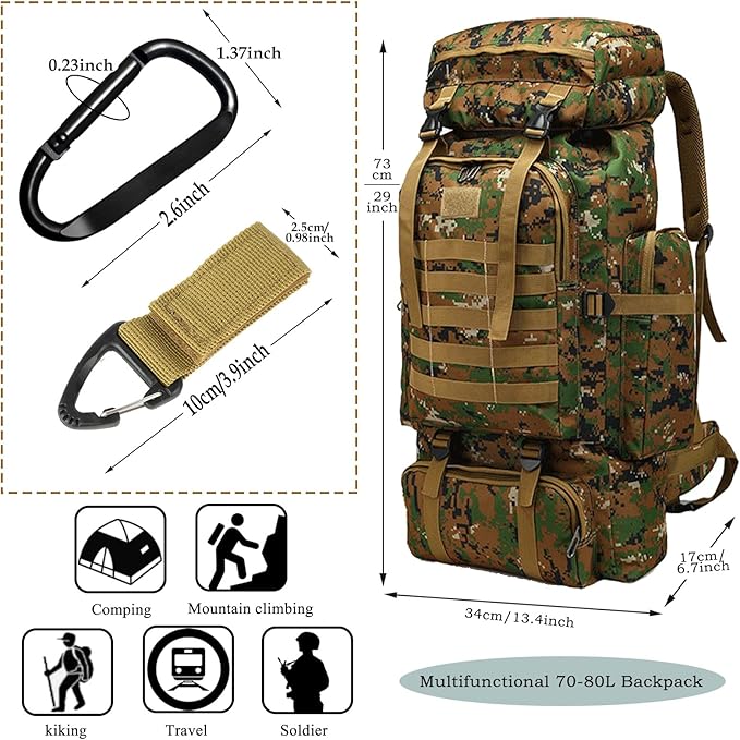70L Waterproof Hiking Daypack Large Hiking Backpack, Hunting Camping Rucksack Backpack for Men Outdoor Sports Backpack (Green Camouflage)