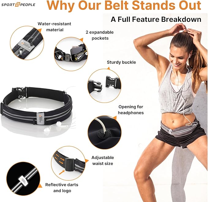Slim Running Belt for Women and Men, Waterproof Phone Holder for Running, Reflective 2-Pocket Waist Pack for Storing Runner’s Essentials Safely, Runner’s Fanny Pack, Money Belt Fits Most Phones
