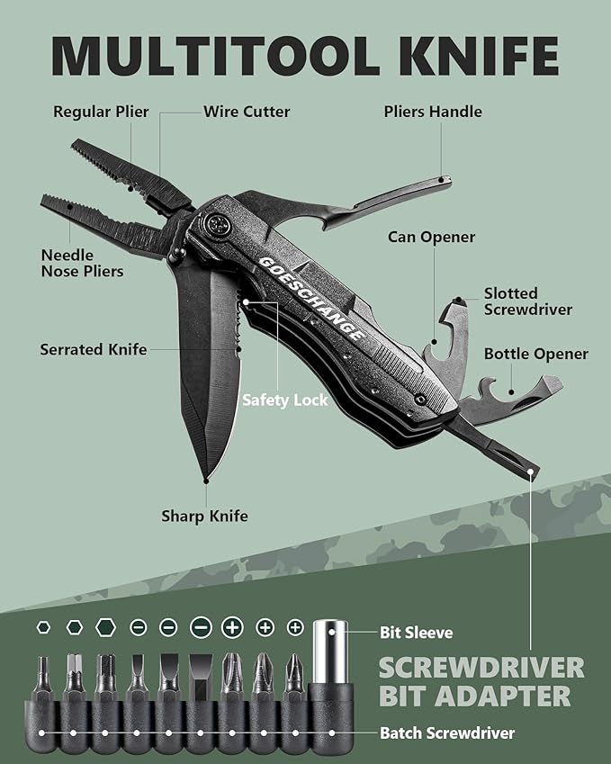 12-IN-1 Multitool with Pocket Knife, Screwdrivers, Pliers, Bottle Opener, Can Opener, with Safety Locking, Nylon Sheath - Father's Day Gift, Gift for Him Men Husband Boyfriend