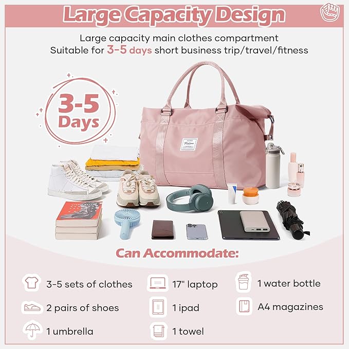 Pink Gym Bag with Wet Pocket, Foldable Travel Duffle Bag Carry On Weekender Bags for Women, Waterproof Overnight Bag for Travel, Gym, Yoga