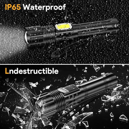 2 Pack Rechargeable Flashlights 10000 High Lumens with Cob Sidelight,Waterproof,Zoomable,5 Modes,LED Flashlight for Emergency Camping Hiking(with Battery)