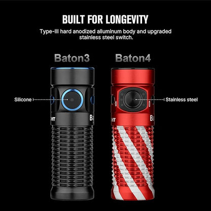 OLIGHT Baton4 Rechargeable EDC Flashlight, LED Pocket Flashlight 1300 Lumens with Magnetic Charging Cable, Small Powerful Bright Flashlight for Home, Camping, and Emergencies (Candy Cane)
