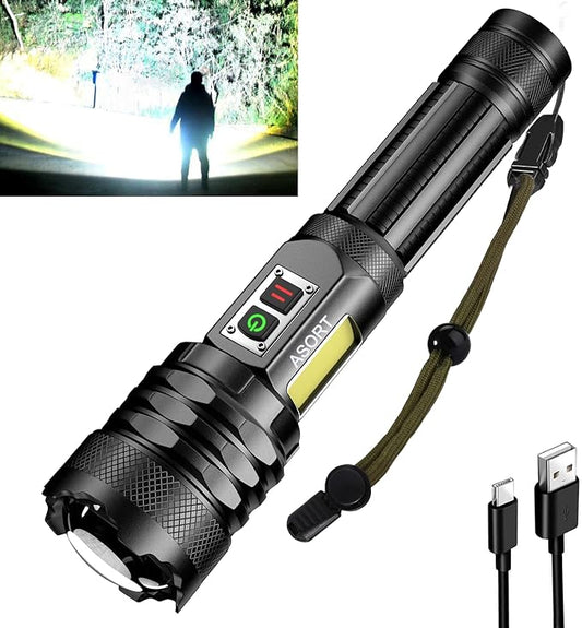 Led Rechargeable Flashlight 100000 High Lumens,Super Bright XHP160 Type-C Fast Charging Flashlights,9 Modes with COB Work Light,Zoomable IPX67 Powerful Flash Light for Emergencies,Hiking,Camping