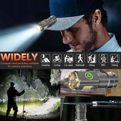 Mini LED Flashlight with Magnetic Base and Side Clip, 6 Modes, high Lumen, USB Rechargeable, IPX6 Waterproof, Best Small Flashlight for Camping, Repair and Emergencies