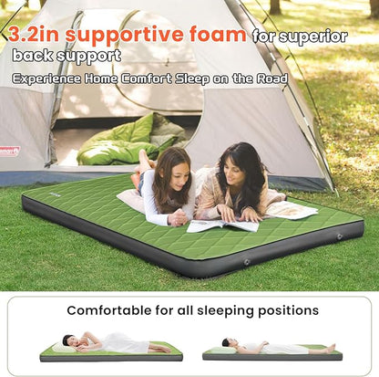 3.2" Ultra Thick Self Inflating Sleeping Pad, Fast Inflating Camping Mattress with Memory Foam, Camping Mat with Pillow & Pump Sack, 4 Season Insulated Sleeping Pad for Camping, Tent