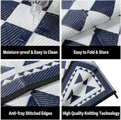 Outdoor Waterproof Rug 6'x9' Plastic Straw Rugs Washable Reversible Floor Mat Blue Plaid Carpet for Camping RV Deck Entryance Porch Picnic Balcony Beach Backyard