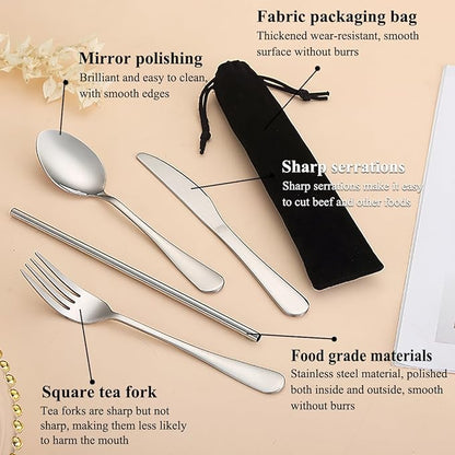 Kyraton Portable Flatware, Reusable Camping Flatware, Bento Box Flatware, Silverware For School/Work/Office/Outdoor, Dishwasher Safe, Set of 4 Pieces
