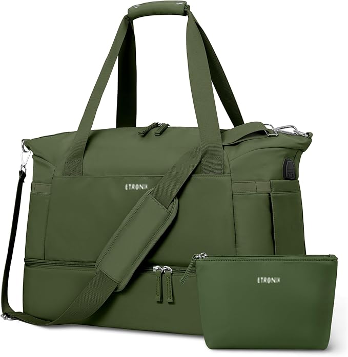 ETRONIK Gym Bag for Women, Travel Duffel Bag with USB Charging Port, Weekender Overnight Bag with Wet Pocket and Shoes Compartment for Women, Travel, Gym, Yoga (Army Green)