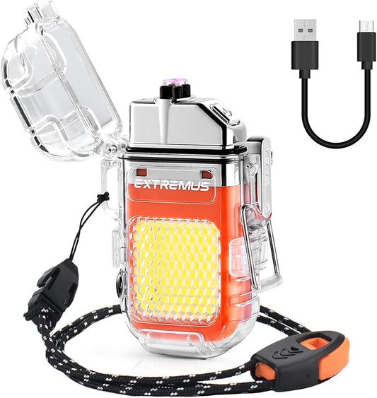 Extremus Blaze 360 Rechargeable Electric Lighters, Dual Arc Lighter, Windproof Plasma Lighter, Waterproof Lighter, Flameless Lighter with Whistle Lanyard for Camping (Orange Flash)