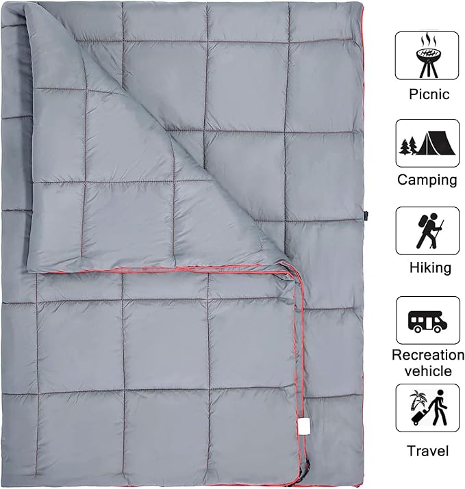 Camping Blanket, Puffy Waterproof Travel Blanket, Warm Cozy Picnic Blanket, for Outdoors, Travel, and Mountain.(Grey, 55" x 39")