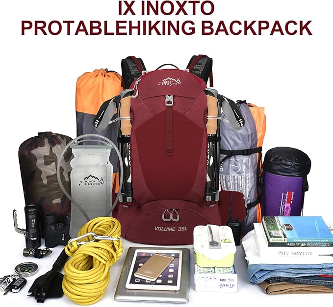 Hiking Backpack,35L Waterproof Hiking Daypack with 3L Water Bladder and Rain Cover, Lightweight Travel Camping Backpack for Men Women (Red)