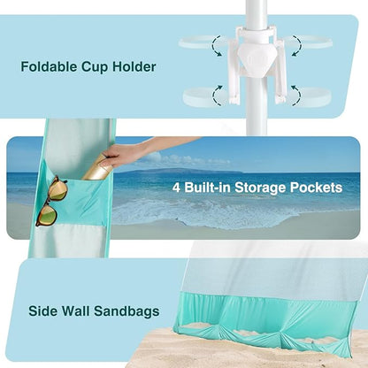 Rhino Valley Beach Cabana, 8 × 8FT Foldable Beach Tent with Cup Holder, Beach Canopy Easy Setup with UPF50+ Protection, Windproof Stable Beach Tent, Portable Beach Cabana Tent for Beach Camping