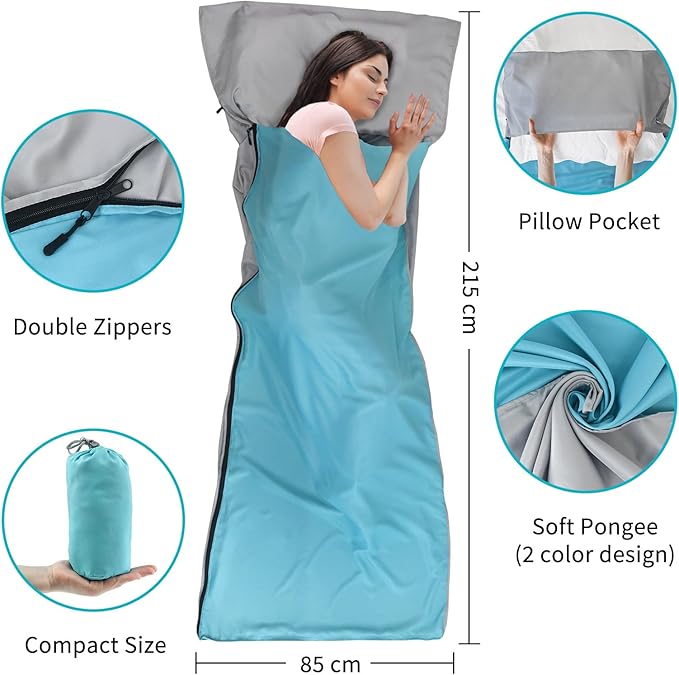 NewDoar Sleeping Bag Liner 215 * 85cm Portable Lightweight Travel Sheet with Pillow Slot Ultralight Soft Camping Sleeping Bag Liner Pongee Fabric for Camping Hiking Backpacking Hotels Hostels
