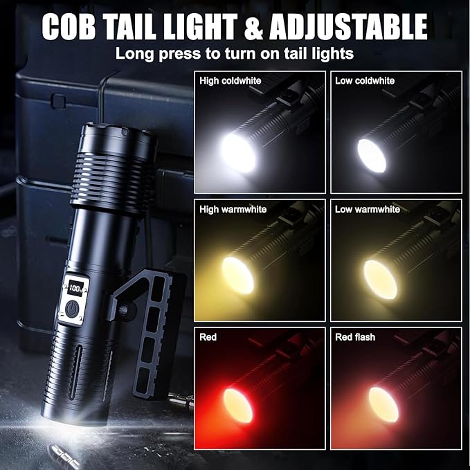 Flashlights High Lumens, Rechargeable Flashlights with Cob Light, 13500 Lumen Super Bright Flashlight, Flash Light with 11 Modes, 10000mAh Flashlight Rechargeable for Outdoors