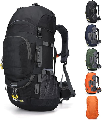 ShowyLive 60L Waterproof Hiking and Camping Backpack for Men - Durable, Lightweight Large Hiking Backpack with Rain Cover, Multi Compartments, and Adjustable Straps, Black