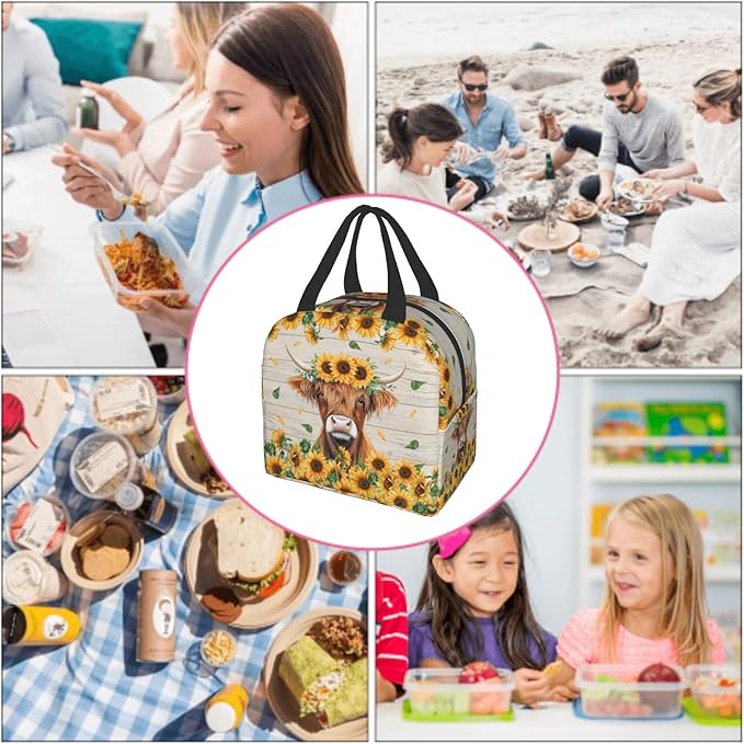 Giwawa Highland Cow Kids Lunch Bag Sunflower Cattle Insulated Girls Lunch Box Yellow Floral Wood Board Thermal Cooler Lunch Tote Bag for Teens Boys School Students Men Women Picnic
