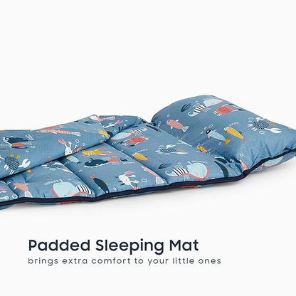 Wake In Cloud - Toddler Nap Mat with Pillow and Blanket, 100% Cotton Fabric, for Kids Boys Girls in Daycare Kindergarten Preschool, Roll Up Sleeping Bag, Blue Sea World, Extra Long