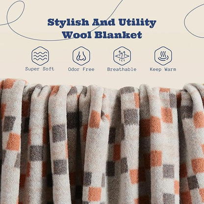 ACUSHLA Merino Wool Blanket - Soft Warm Thick Washable Large Throw Blanket for Camping Bed Couch Outdoor Travel All Weather, Mosaic Plaid Grey 79X63